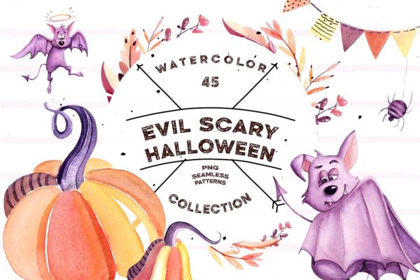 罪恶与万圣节水彩剪贴画素材精选 Watercolor Evil Scary Halloween