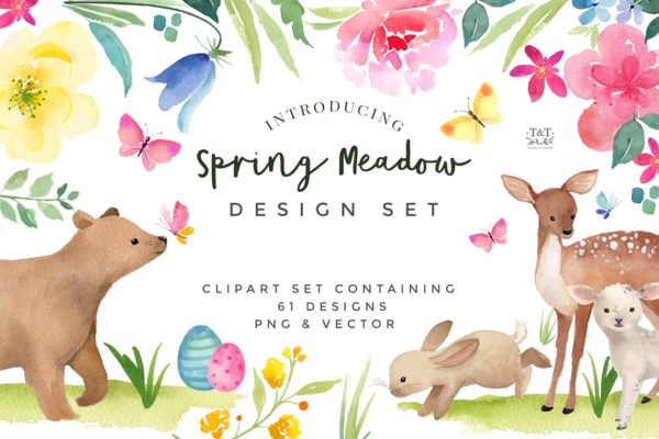 春天的大自然水彩剪贴画汇总 Clipart Set – Spring Meadow