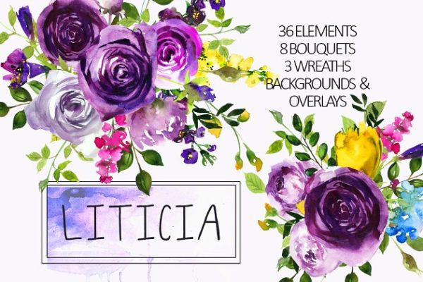 紫罗兰水彩剪贴画汇总 Purple Violet Flowers Clipart Set