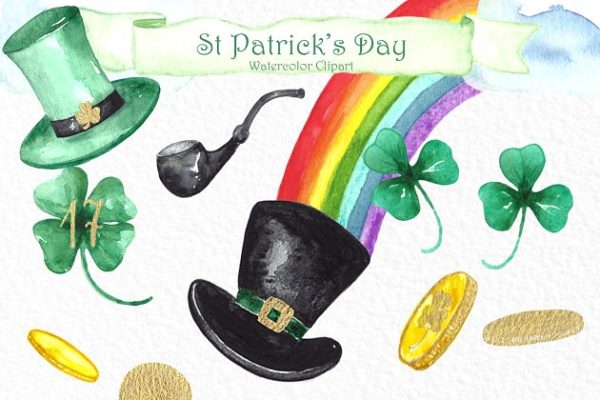 圣帕特里克节主题水彩剪贴画 St Patrick’s day. Watercolor clipart