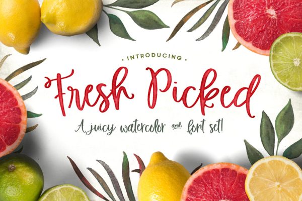 新挑选的水彩素材精选和字体工具包 Fresh Picked Watercolor & Font Kit