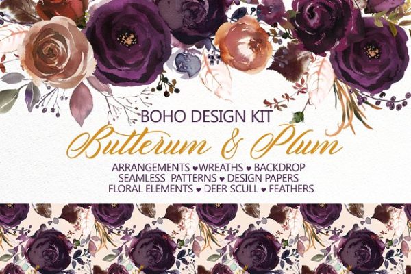 奶油朗姆酒棕&梅色波希米亚式花卉水彩剪贴画 Butterum & Plum Boho Florals PNG