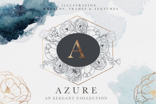 典雅风格湛蓝水彩矢量插画与纹理 Azure Blue Illustrations & Textures