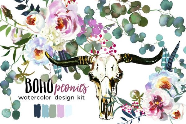 波西米亚风白色&粉色牡丹水彩剪贴画 Boho White Pink Peonies Watercolor