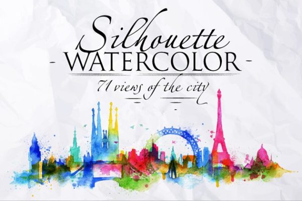 71个城市水彩剪影矢量图形 Silhouette city