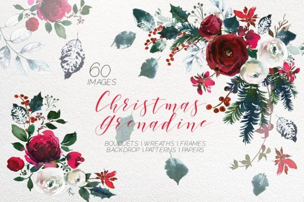 圣诞节氛围水彩花卉剪贴画汇总 Christmas Watercolor Flowers Clipart