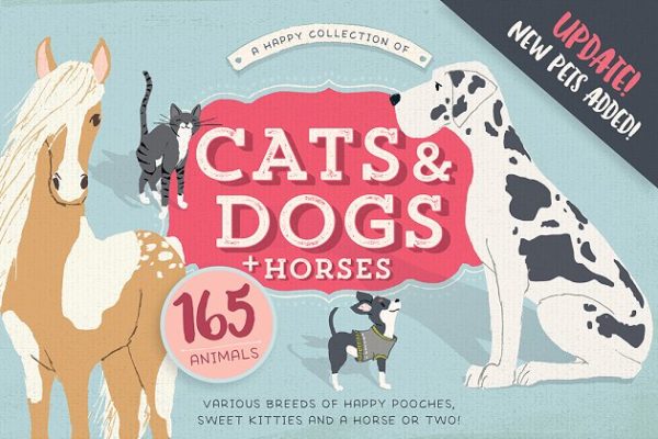 165种手绘动物素材精选 Cats, Dog breeds & Horses: 165 pets