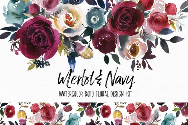梅洛红&海军蓝水彩花卉设计素材精选包 Merlot & Navy Boho Floral Design Kit