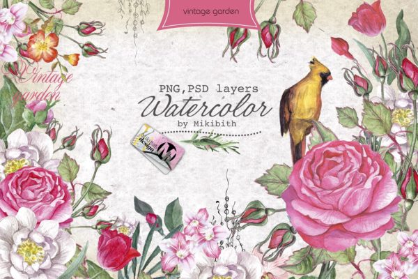 复古花园元素水彩剪贴画汇总 Watercolor PSD "Vintage Garden"