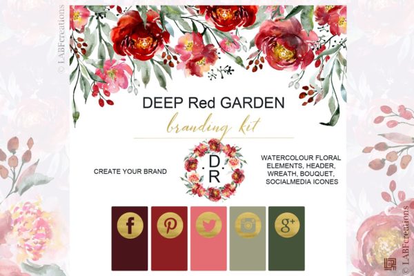 深红色水彩花卉元素 Deep red garden. Branding kit.