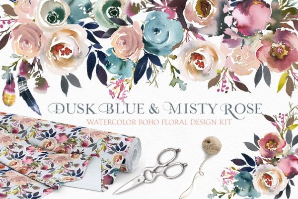 暗蓝色&薄雾玫瑰波希米亚式水彩花卉 Dusk Blue & Misty Rose Boho Flowers