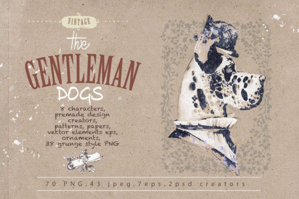 复古手绘水彩小狗插画 GENTLEMAN DOGS SET