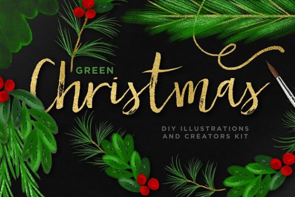绿色圣诞节主题创意设计素材精选包 Christmas Illustration Bundle + EU