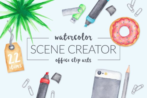 手绘水彩办公用具剪贴画&场景模板 Watercolor Scene Creator
