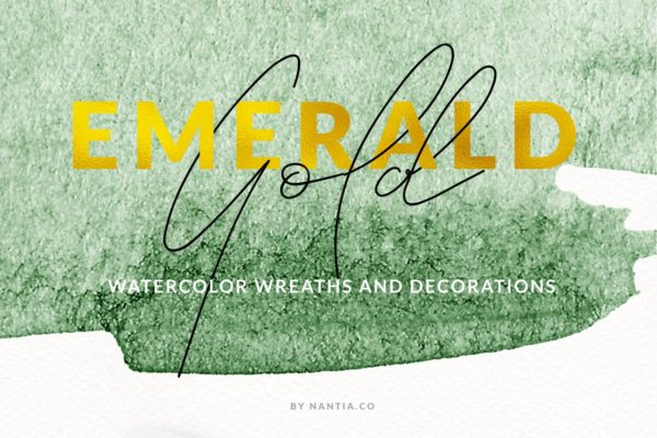 8款翡翠绿水彩手绘花环 8 Watercolor Wreaths Emerald Gold