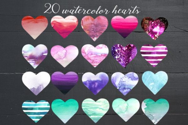 柔和色彩手绘水彩心形插画 Watercolor Hearts in Pastel Colors