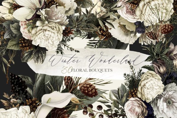 典雅风冬季仙境花束插画素材精选 Winter Wonderland Floral Bouquets