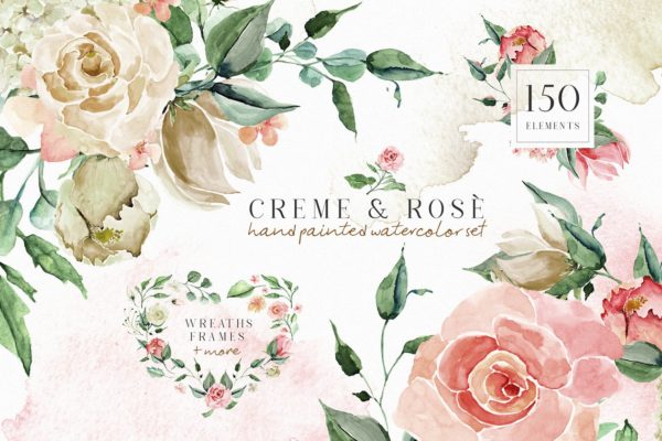胭脂红玫瑰水彩剪贴画 Creme & Rose Watercolor Set