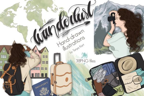 旅行主题手绘设计工具包 Wanderlust Hand Drawn Design Kit