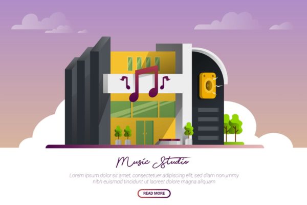 音乐工作室矢量景观与建筑插画 Music Studio – Vector Landscape & Building