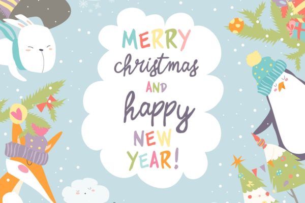 可爱的圣诞装饰与有趣的卡通动物矢量插画 Cute christmas frame with funny cartoon animals.