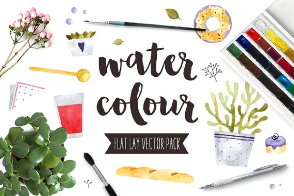 扁平风水彩矢量图形汇总 Watercolor Flat Lay Vector Pack