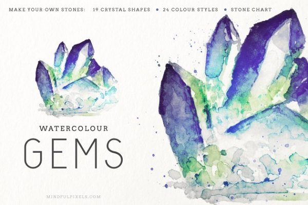 钻石宝石晶体水彩画插画 Watercolor Crystals