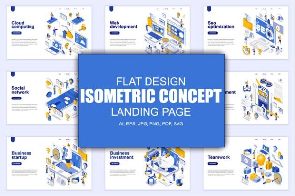 现代扁平设计网站着陆页等距概念插图集 Landing Page Templates