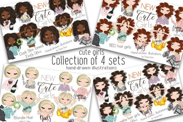 手绘卡通女性形象汇总 Collection of 4 Sets Girls
