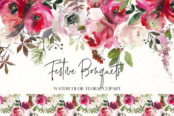 节日水彩花卉花束插画 Festive Bouquets Watercolor Flowers