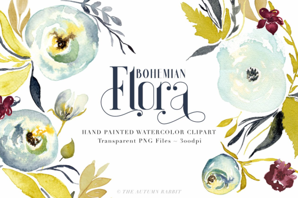 波希米亚花卉水彩剪贴画 Bohemian Flora – Watercolor Clipart