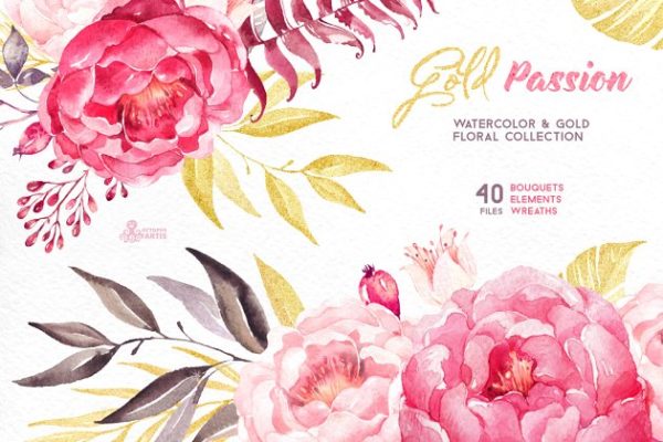 激情黄金花卉水彩插画集 Gold Passion. Floral collection