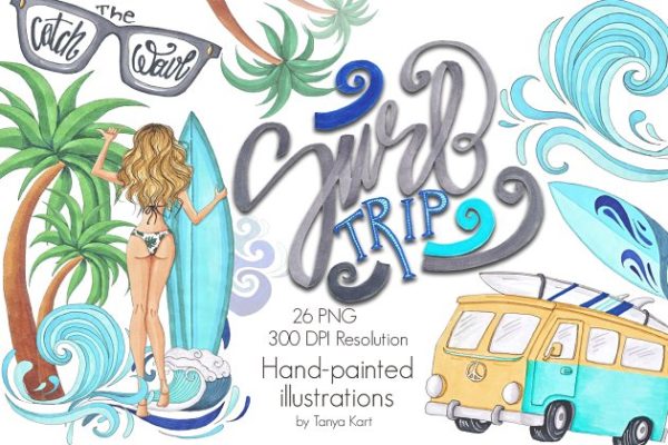冲浪主题手绘插画汇总 Surf Trip Hand-painted Collection