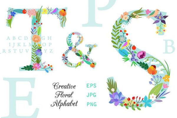 明亮花卉装饰字母素材精选 Bright Floral Alphabet. EPS and PNG