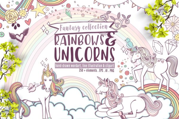 彩虹与独角兽梦幻世界插画元素 Rainbows & Unicorns