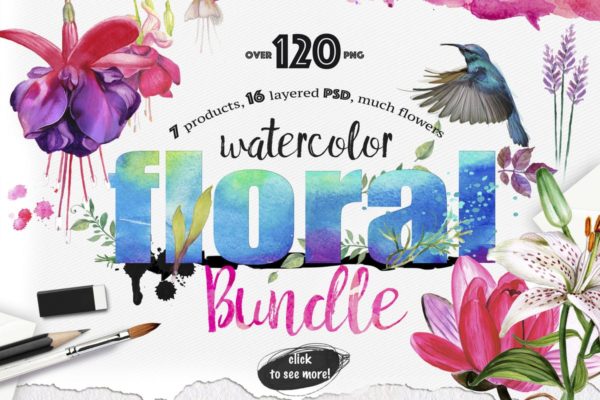 水彩花卉插画元素大汇总 Watercolor Bundle over 120 PNG