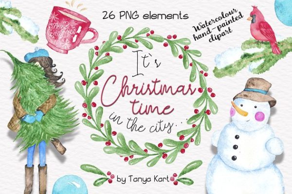 圣诞时光水彩插画元素 It`s Christmas time in the City