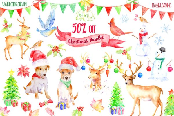 圣诞节主题水彩剪贴画汇总 Christmas Clipart Bundle