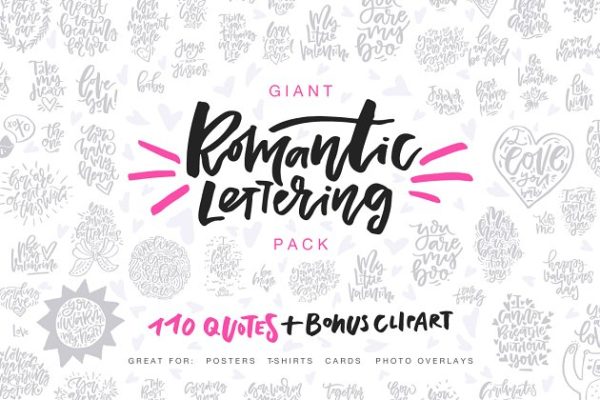 110个手写风格情人节浪漫祝福语插画 Valentine’s Day Lettering Pack