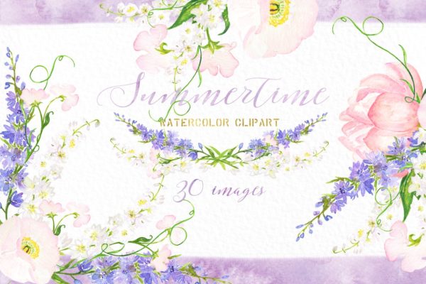 夏季嫩粉色水彩画插画 Summertime soft pink watercolor