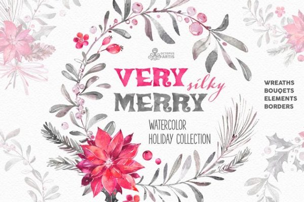 优雅水彩花卉插画 Very Merry Silky. Holiday Collection