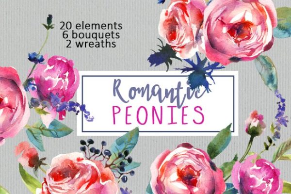 粉色牡丹花水彩剪贴画艺术 Pink Peonies Watercolor Clip Art