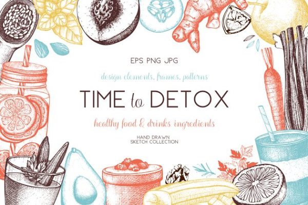 复古风格健康食品及饮料成分插画 Vegetarian Food Ingredients Set