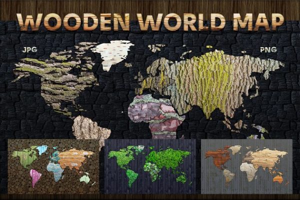 木纹创意世界地图设计图形素材精选 Wood Texture World Maps