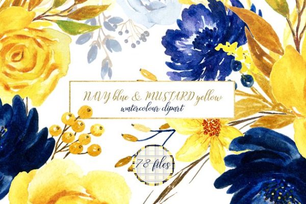 海军蓝&芥末黄水彩花卉插画素材精选 Navy blue & mustard yellow flowers