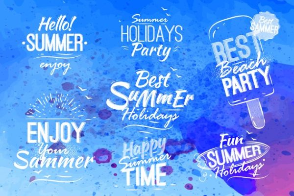 夏天夏日复古风格流行语文本插画 Summer retro set