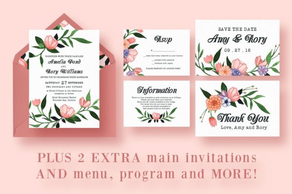 手绘水彩花卉装饰婚礼邀请函设计模板 Floral Watercolor Wedding Suite