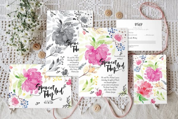 手绘花卉图案婚礼邀请函设计模板 Handpainted Wedding Invitation Suite