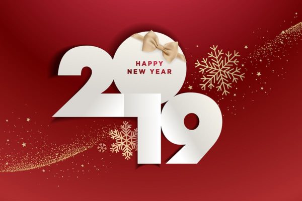 2019年新年大红色年会海报矢量背景模板 Happy New Year 2019