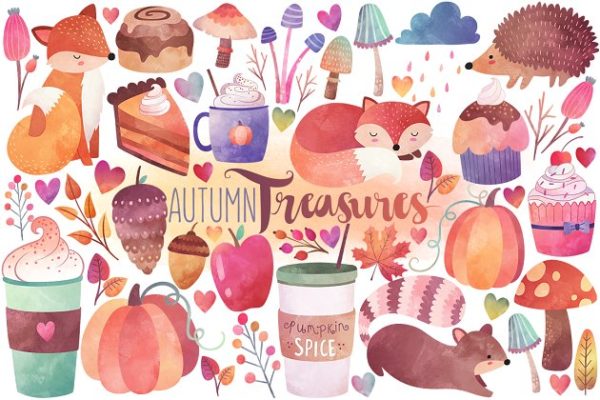 秋季主题水彩剪贴画汇总 Watercolor Autumn Clipart Bundle